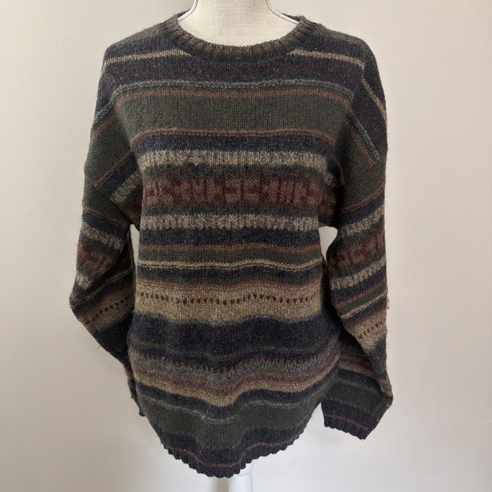 Men's Woolrich Wool Sweater Size Medium Green Brown Stripes Made‎ In USA